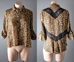Womens Brown Leopard Lace Long Sleeve Chiffon Button Down Shirt Blouse T... - $20.55 CAD