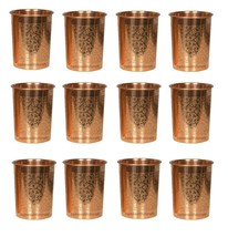 Pure Copper Water Glass Full Embossed Drinking Tumbler Health Benefits Set Of 12 - £50.15 GBP