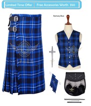 Scottish Traditional Handmade Men&#39;s Ramsey Blue Tartan 8 Yard KILT &amp; Accessories - £65.75 GBP