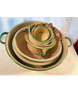 Eight Piece Enameled Kitchenware Bowls And Mugs Tan And Green - $99.99