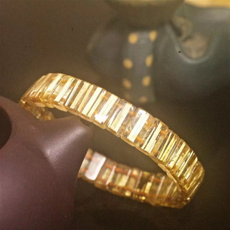 Brazil Genuine Natural Gold Rutilated Quartz Bracelet Clear Rectangle Beads 10*4 - £183.82 GBP