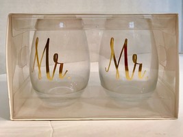 Mr &amp; Mr Gold Stemless Wine Glasses Same Sex With Elegant Lettering 176 Oz - $28.70