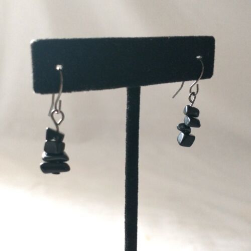 Primary image for Black Stone Chip Earrings Dangle Pierced Handmade Goth Bohemian Silver Tone Drop
