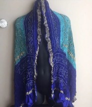 Beautiful Bandhini Crushed Silk Indian  Scarf NWOT Blue Multicolor - £63.08 GBP
