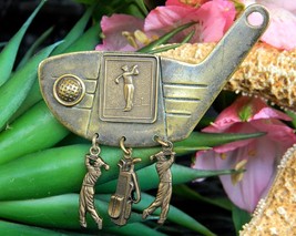 Vintage Jan Michaels Golf Club Golfer Brooch Pin Brass Charms Dangles - $24.95