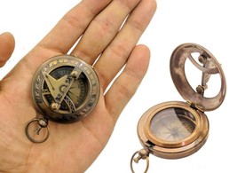 Brass Sundial Compass  Compass  Engraved Pocket Compass Push Button Comp... - $37.00