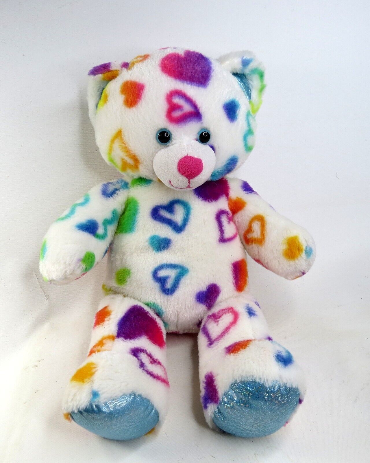 Build A Bear White Rainbow Hearts Teddy Bear Blue Sparkle Ears And Feet 16" - $16.14