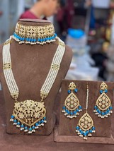 Rajasthani Gold Plated Jadau Long Necklace Earrings Tikka Choker Kundan Bridal h - £56.48 GBP