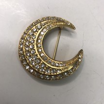 Joan Rivers Gold Tone Clear Rhinestone Crescent Moon Brooch Signed - £17.98 GBP