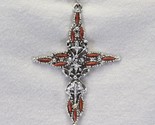 Ornate Cross Pendant Necklace Embellished Orange Stone Silver Link - $15.67