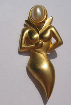 Vintage Art Deco Woman Pin Brooch Faux Pearl Head Gold Tone Abstract 2.75&quot; Curvy - £20.55 GBP