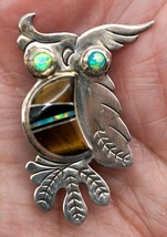 Navajo Made Sterling Silver Opal Tiger Eye &amp; Onyx Owl Pin / Brooch ~ Video - £63.26 GBP