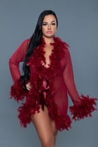 Knee Length Feather Robe With Ribbon Ties Maroon - $125.90