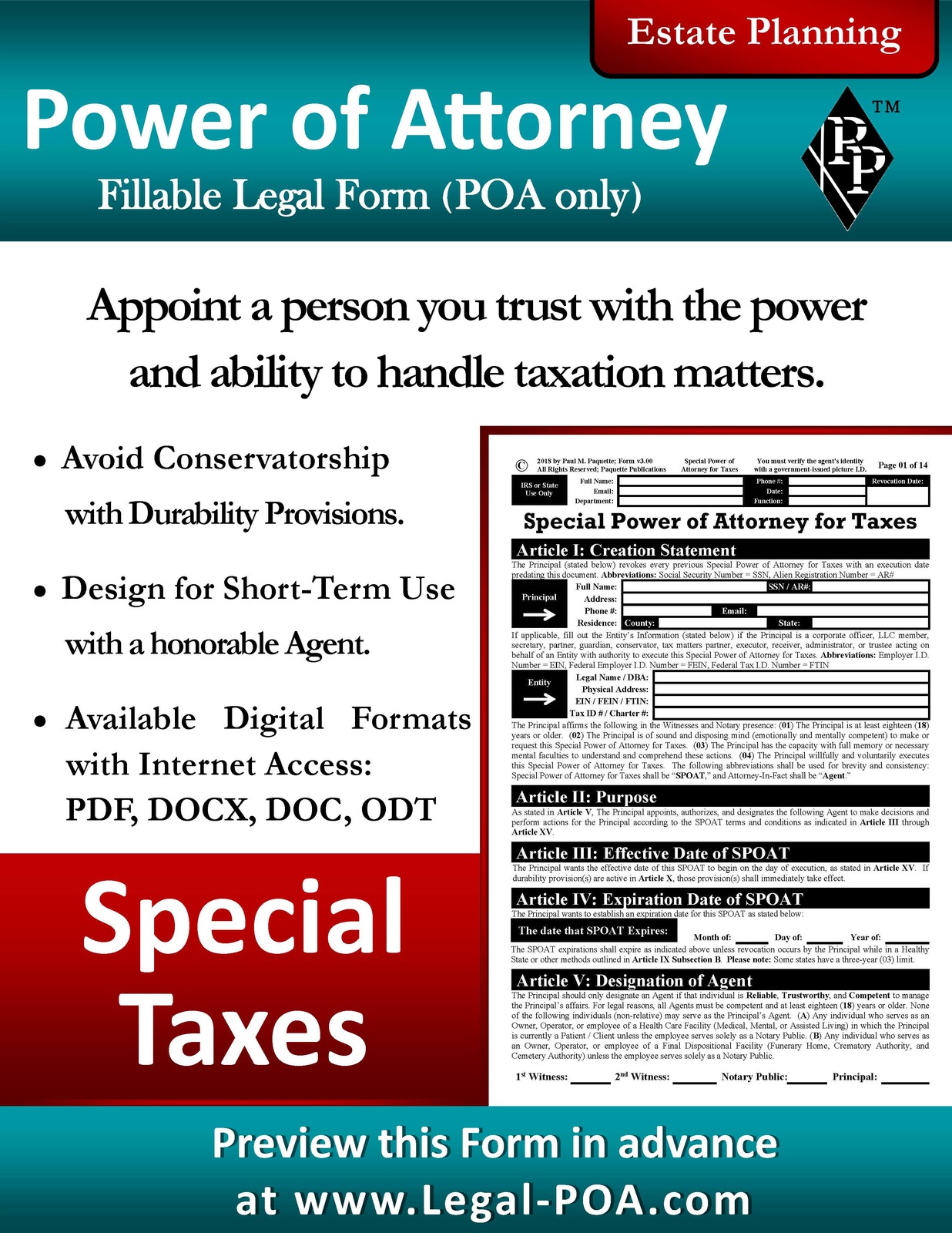 Special Power of Attorney For Taxes - Form &amp; Instructions ( Legal Kit ) - $9.99