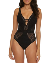 Becca Womens Size Large Show &amp; Tell Plunge 1 Piece Swimsuit Black Lace Cutouts - £36.60 GBP