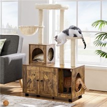 Cat Tree Tower W/ Litter Box Enclosure All-In-One Cat Furniture Hidden Cat Condo - £147.48 GBP