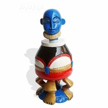 West African Senufo Peau or Bowl Hand Carved Hand Painted Blue Vintage Revived C - £173.66 GBP