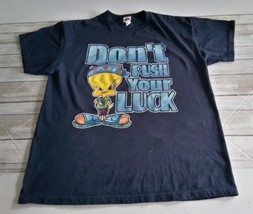 Vintage 2001 Tweety Bird Dark Blue TShirt &quot;Don’t Push Your Luck&quot; XL Loon... - £15.12 GBP