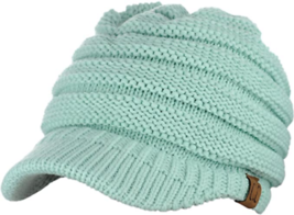 C. C Brand Brim Visor Trim Ponytail Beanie Ski Hat Knitted Messy Bun Cap - Lime - £12.32 GBP