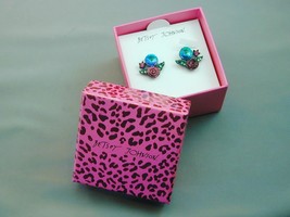 Betsey Johnson Blue Green Rivoli Jeweled Pierced Earrings Glittery Roses NIB - £18.49 GBP