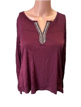Elodie Long Sleeve Maroon Top With Embroidery Accent In Woman’s Small - $120.61 MXN