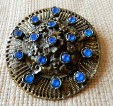 Large vintage round silver tone brooch with blue rhinestones &amp; flower de... - $15.00
