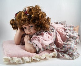 My Baby Bright Eyes Doll Porcelain 15&quot; Laying Down With Pillow &amp; Pretty Outfit - £19.66 GBP