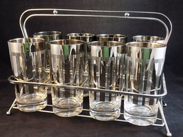 SET OF 8 SILVER PLATED BAR GLASS SERVING SET with EMBOSSED HANDLED CARRIER - $69.29