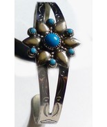 Bell Nickel Silver Flower Cuff Bracelet Blue Stones in Petit Point Setti... - £15.65 GBP