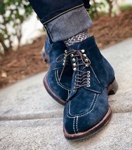  New Handmade Men&#39;s Ankle High Boot,Men&#39;s Navy Blue Suede Lace Up Casual Boot. 2 - £122.29 GBP