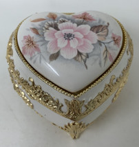 Vintage Linden White Ceramic Pink Floral Design  Heart  Shape Music Trin... - $28.49