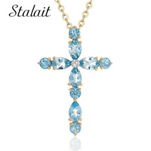 Fashion Cross Pendant Necklace For Women Gold Color Cubic Zirconia Blue Crystal  - £13.67 GBP