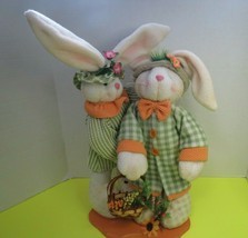 Easter Bunnies Carrying Basket Of Flowers 16&quot; On Wood Base Wires Clothed - $18.00