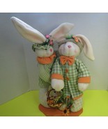 Easter Bunnies Carrying Basket Of Flowers 16" On Wood Base Wires Clothed - $18.00