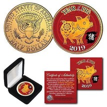 2019 Lunar New YEAR OF THE PIG 24K Gold Plated JFK Half Dollar US Coin w... - $10.35