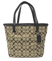 Coach 12CM Signature Zip Top Tote Khaki &amp; Mahogany - Style F36375 - $275 MSRP! - £108.53 GBP