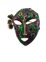 Vintage Madri Gras Purple Green Enamel Rhinestone Face Mask Gold Tone Brooch Pin - £8.83 GBP