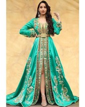 Green Moroccan Caftan Evening Dresses Luxury Appliques Long Sleeve Prom Gowns Mu - £384.48 GBP