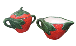 CERAMIC Strawberry Shaped 3 pc  Sugar Bowl Lid &amp; Creamer  Studio Art Grannycore  - $13.10