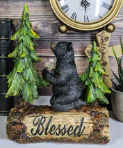 Blessed Rustic Western Black Bear Kneeling On Log by Pine Trees Praying Statue - £25.57 GBP