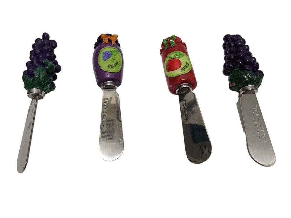 Primary image for 4 Knives Butter Cheese Spreader Fruit Design Stainless Steel Grapes Apple