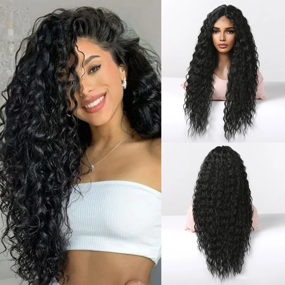 Ic lace front wigs black long brazilian kinky curly wave lace wigs for afro women daily thumb200
