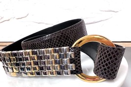 CARLISLE Vtg Retro Leather Belt Brown Snakeskin Brass Multi Metal XL Womens - $61.48