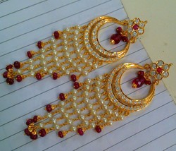22K Yellow Gold Dangling Designer Jadau Chandbala Pearl Earring Stylish Stud - £2,009.92 GBP