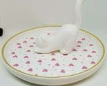 Pink Hearts Stretching White Cat Figure Plate Dish Ceramic Coin Jewelry ... - $10.99