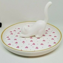 Pink Hearts Stretching White Cat Figure Plate Dish Ceramic Coin Jewelry ... - $10.99
