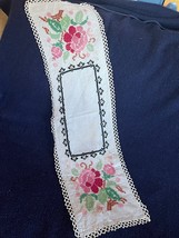 Vintage Long Cross Stitched Embroidered Pink Roses Linen Table Runner w ... - $14.89