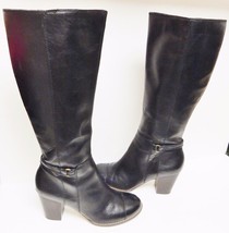 GIANNI BINI Tall Leather Boots Knee Hi Zip 3&quot; Heel Black Ankle Strap Siz... - £44.79 GBP