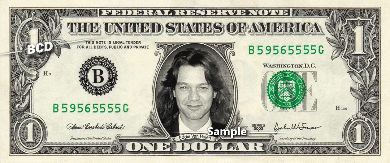 Primary image for EDDIE VAN HALEN on a Real Dollar Bill Cash Money Collectible Memorabilia Celebri