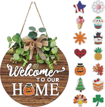 Interchangeable Seasonal Welcome Sign Front Door Decoration, Rustic roun... - $28.96